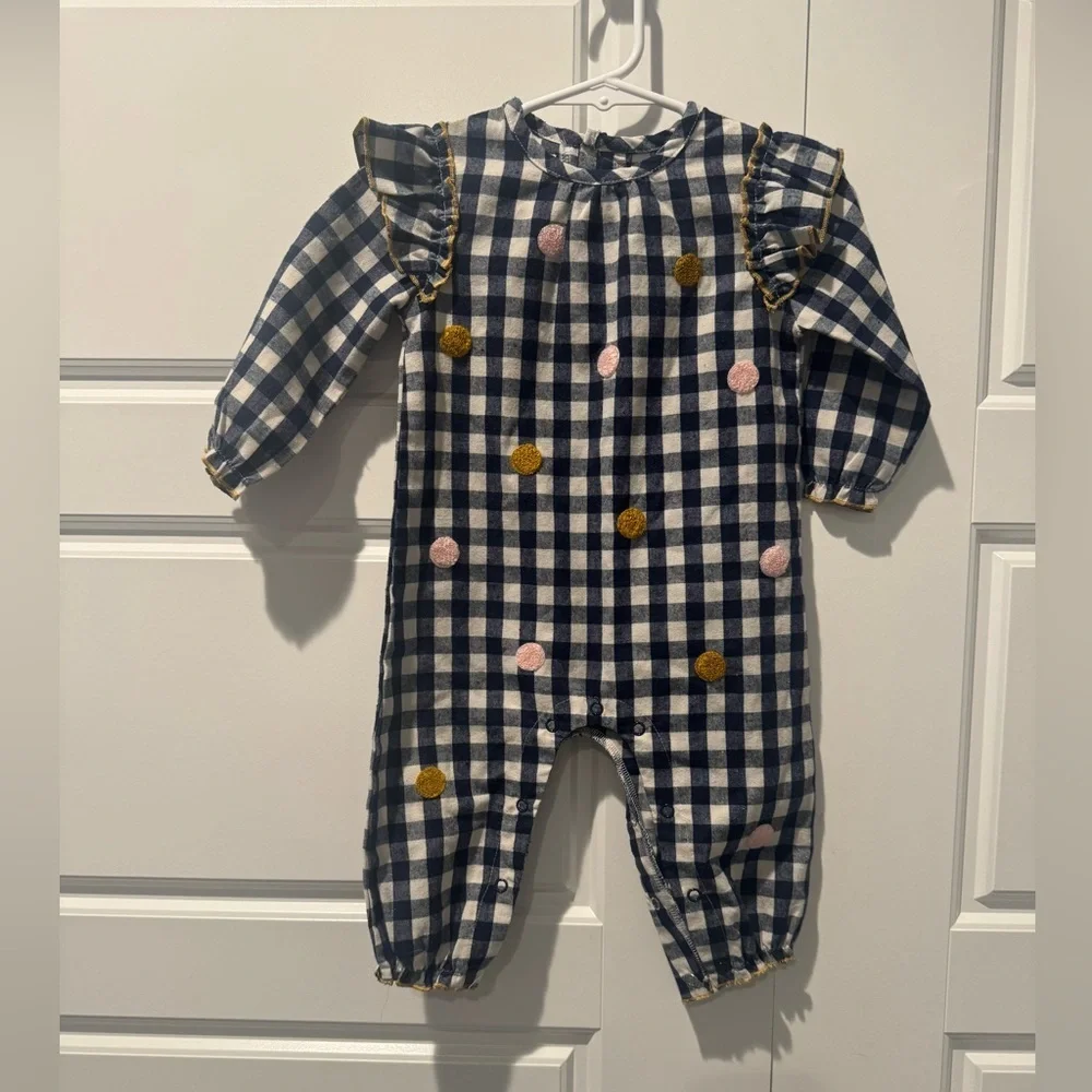 Mud Pie Gingham Plaid Navy & White Polka Dot Detail Long Sleeve One Piece 6-9M